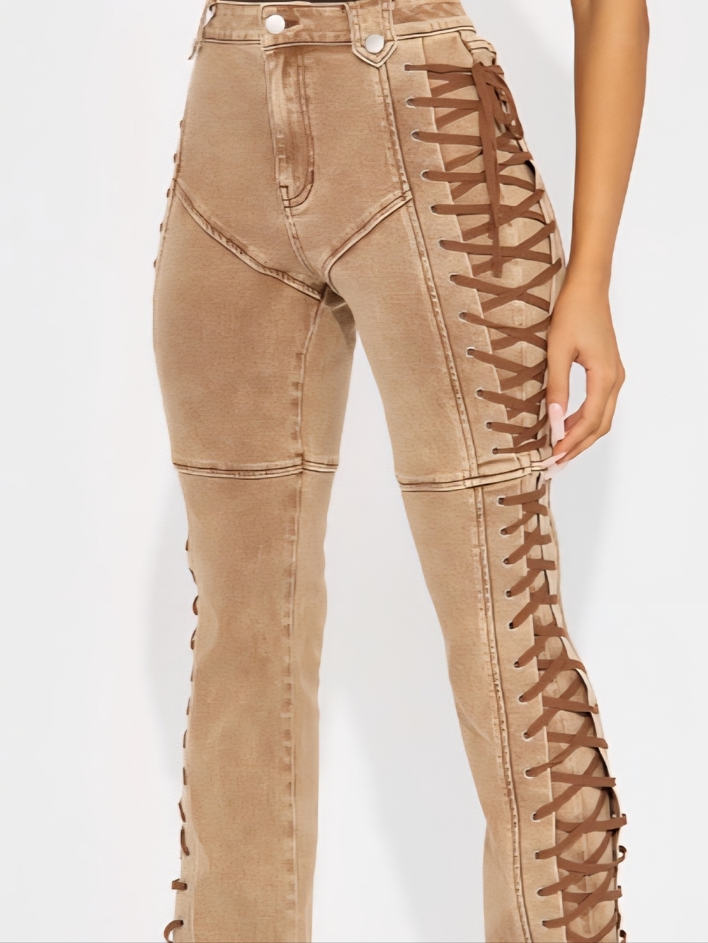 Fashion Nova After Hours Brown Tan Lace-Up Side Seam Jeans Size 1XL NWT